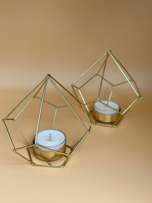 Two-Pack Gold Diamond Prism Tealight Holders WITH Tealights